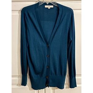 Ann Taylor LOFT Teal Blue V-Neck Button Front Wool Blend Cardigan Sweater Large